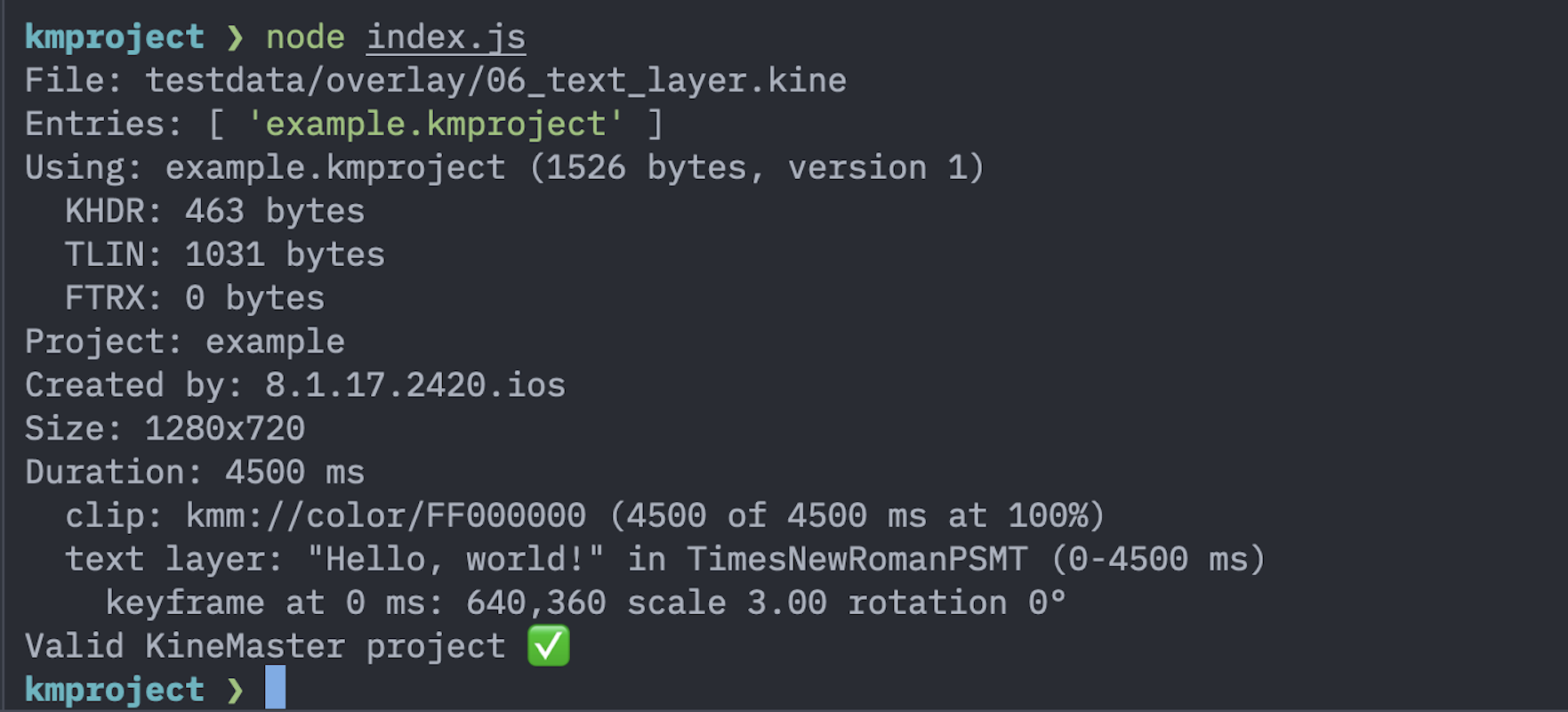 Terminal output showing Node.js parsing a KineMaster .kine file and validating the project structure.