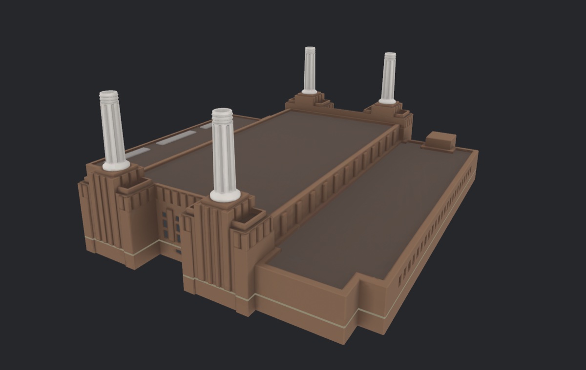 A 3D model of Battersea Power Station, with its four white chimneys, exported from the Apple Maps cache.